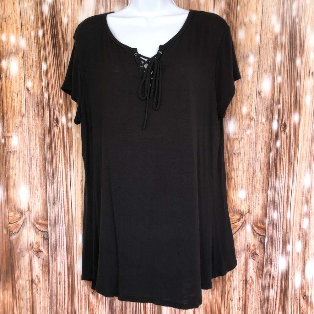 Free Kisses Lightweight Black Lace Up Front Short Sleeve Tee